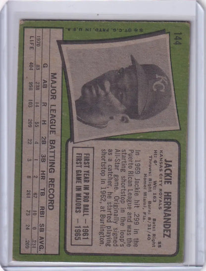 Baseball card of Jackie Hernandez with Kansas City Royals cap from Topps Baseball