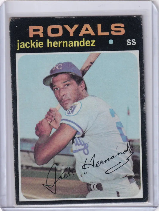 Baseball card of Jackie Hernandez in batting stance for Kansas City Royals by Topps Baseball