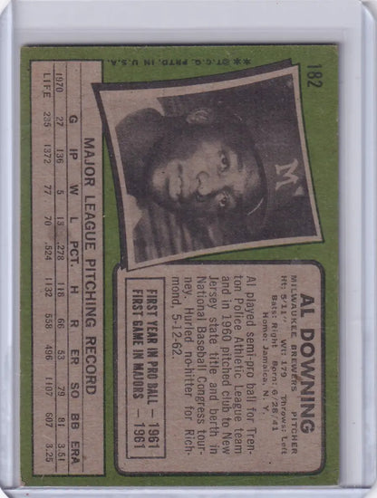 Vintage 1971 Topps Baseball card of Al Downing - Milwaukee Brewers on green background