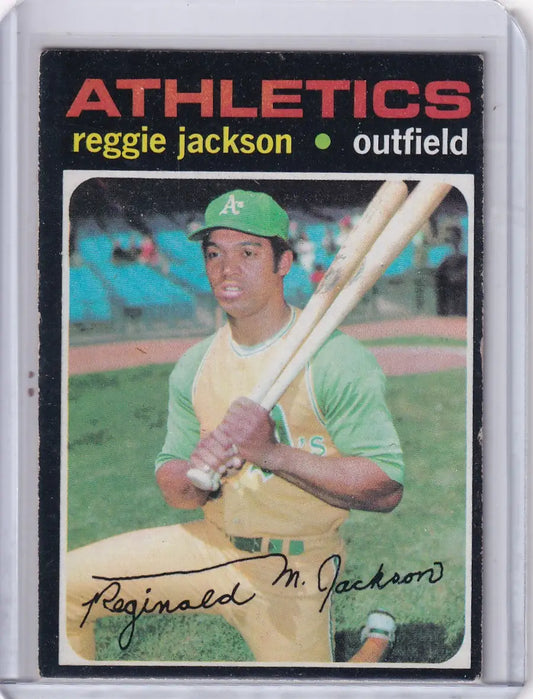 1971 Topps Baseball card of Reggie Jackson with Oakland Athletics in batting pose