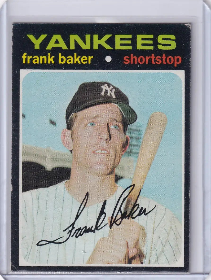 Topps Baseball card of Frank Baker in New York Yankees pinstriped uniform and cap