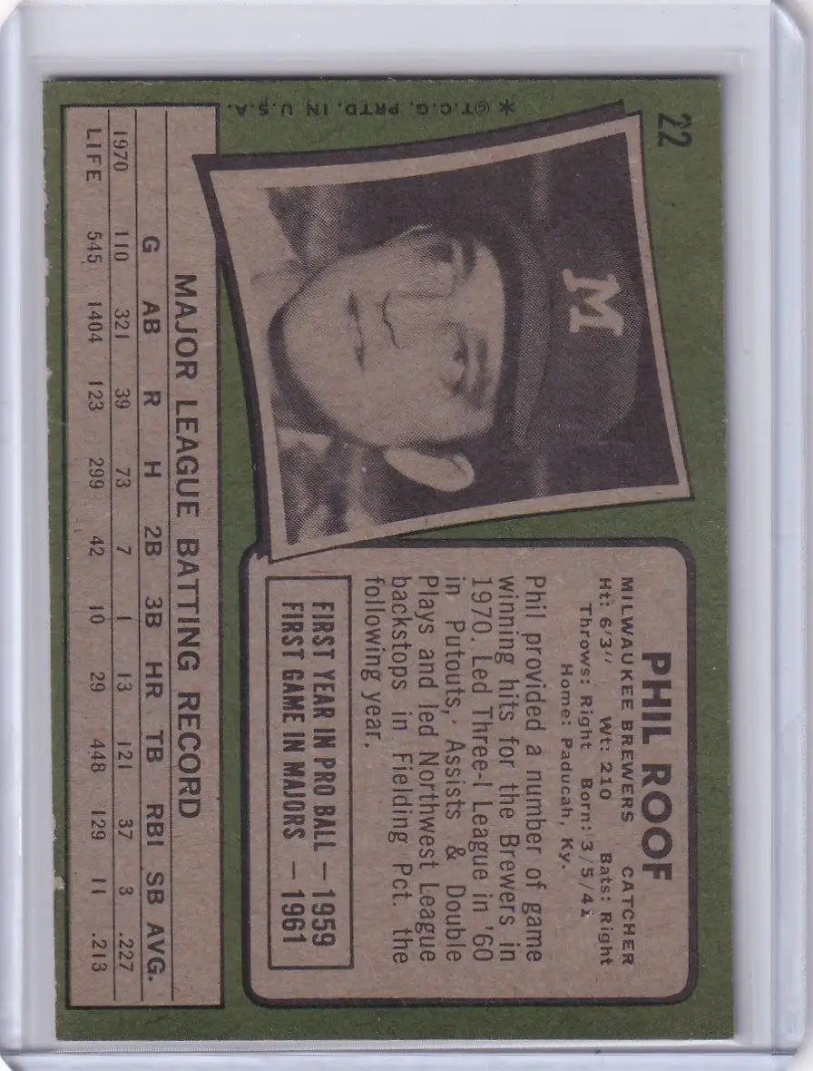 Vintage 1971 Topps Baseball card of Phil Roof from the Milwaukee Brewers