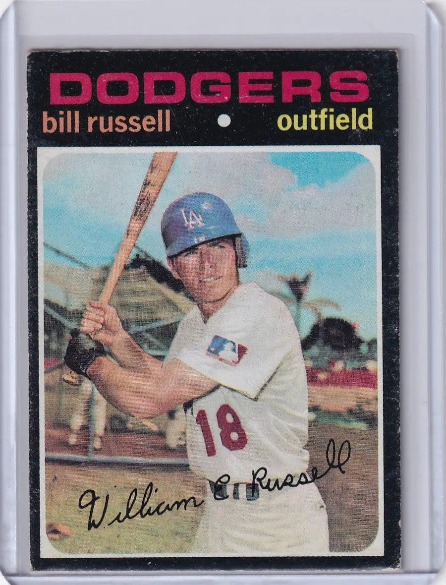 Baseball card of Bill Russell in batting stance for the Los Angeles Dodgers Topps Baseball