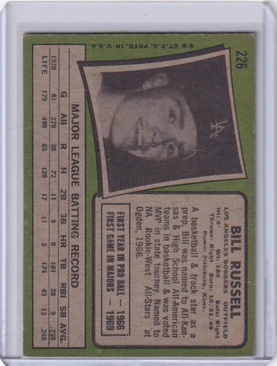 1971 Topps Baseball card of Bill Russell, Los Angeles Dodgers, with player stats