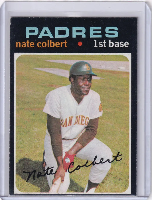 Baseball card of Nate Colbert in white uniform for San Diego Padres by Topps Baseball