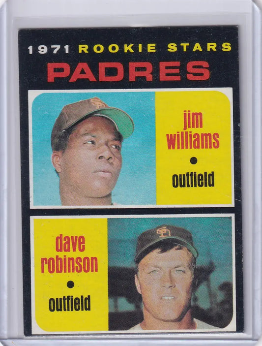 Baseball card of Jim Williams and Dave Robinson, Padres rookies from 1971 Topps