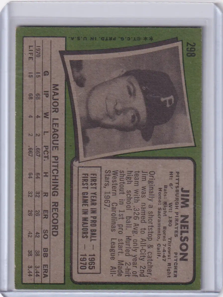 Topps Baseball card of Jim Nelson, Pittsburgh Pirates RC with black and white portrait