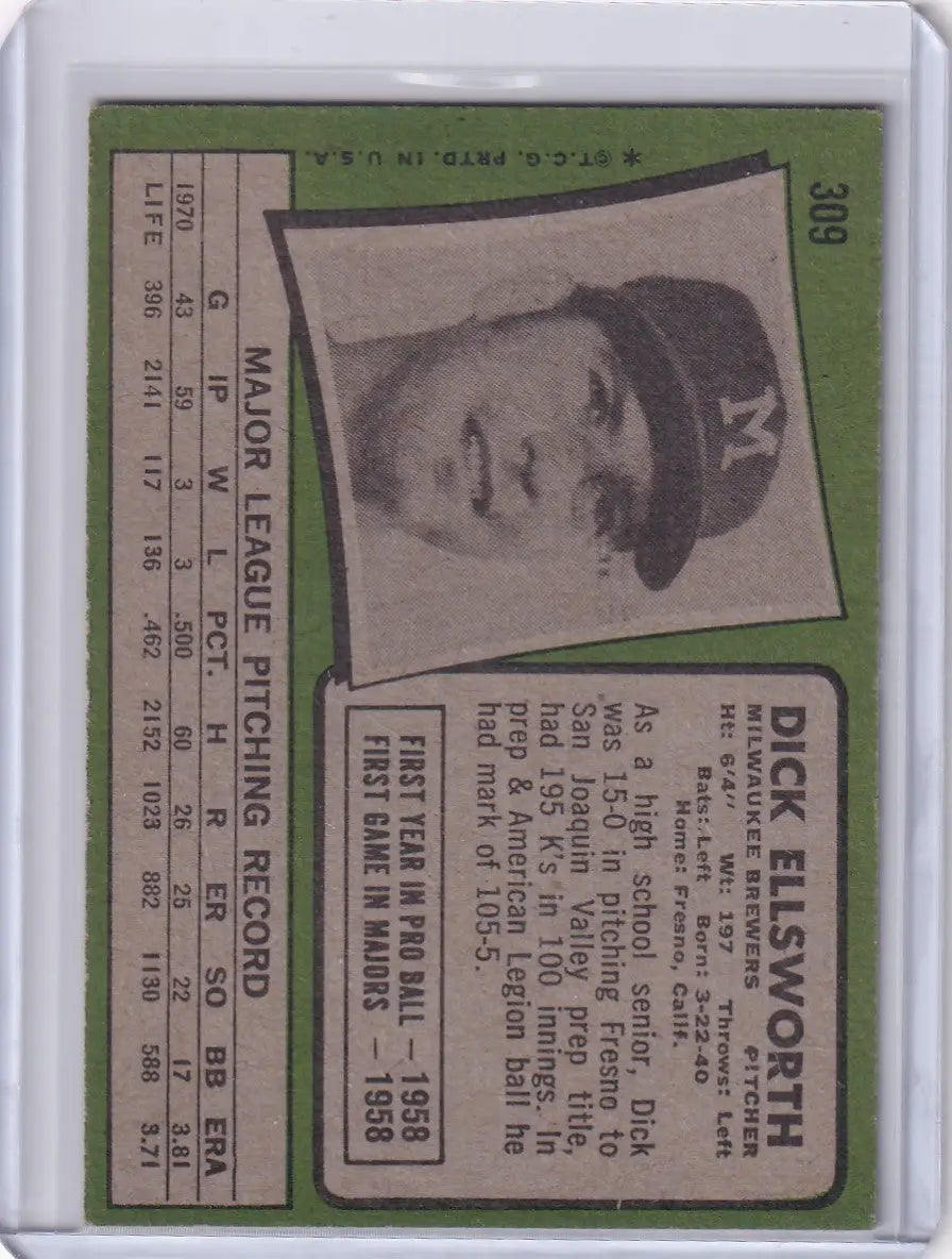 Baseball card of Dick Ellsworth smiling in a New York Yankees cap for Topps Baseball