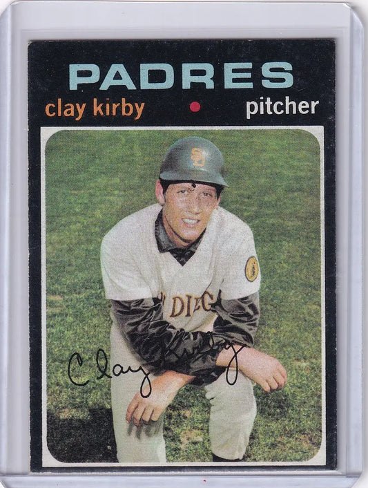 Baseball card of Clay Kirby, San Diego Padres pitcher in a crouched position