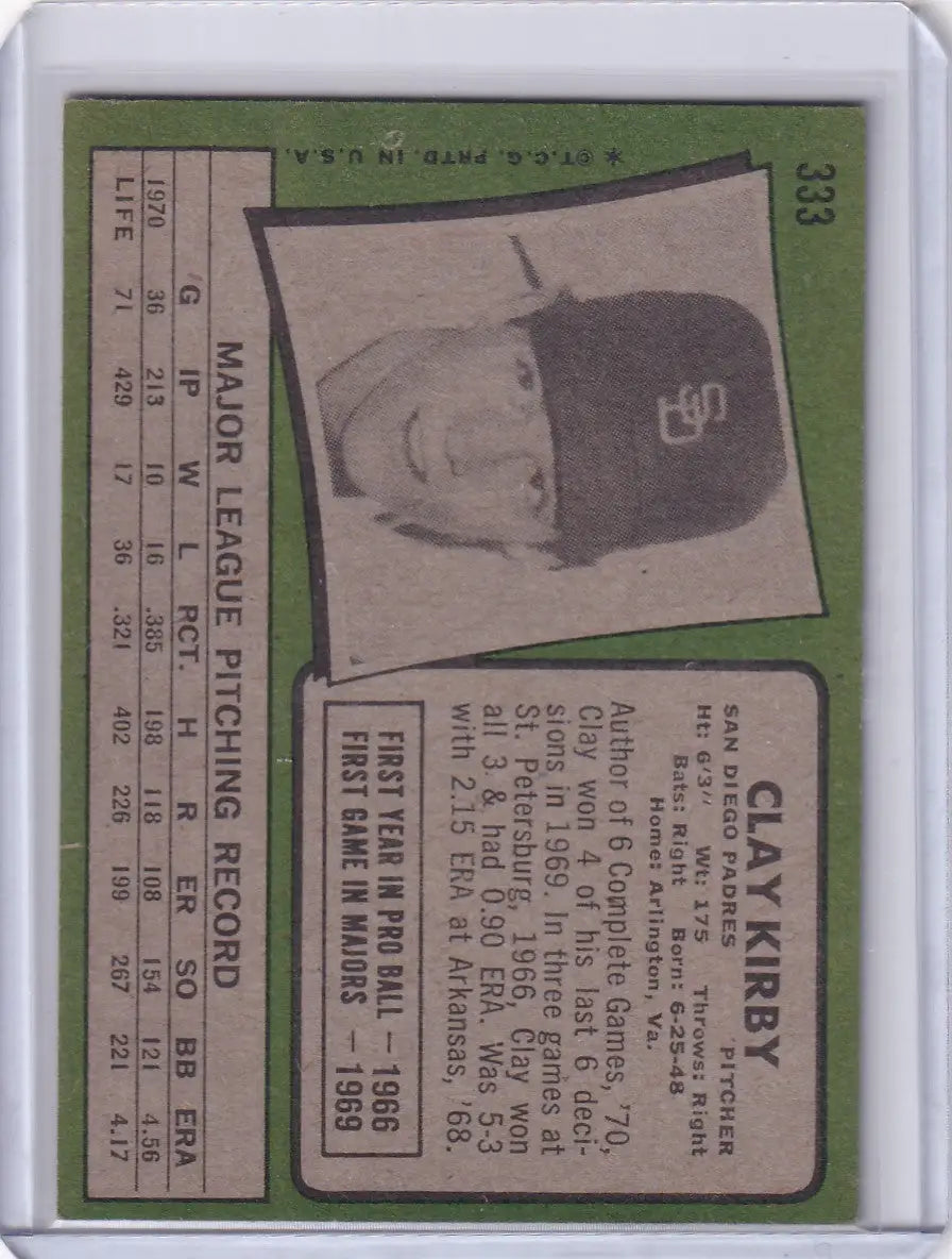 Baseball card of Clay Kirby with SF cap from 1971 Topps Baseball San Diego Padres