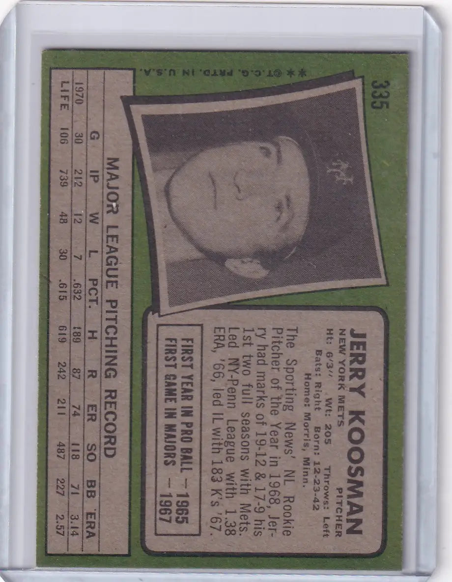 1971 Topps Baseball card of Jerry Koosman with a black and white portrait for New York Mets