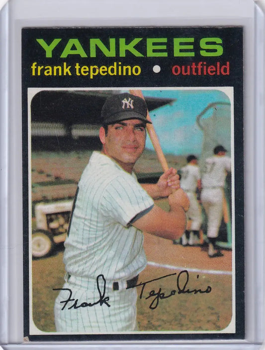 Baseball card of Frank Tepedino in batting stance for Topps Baseball and New York Yankees