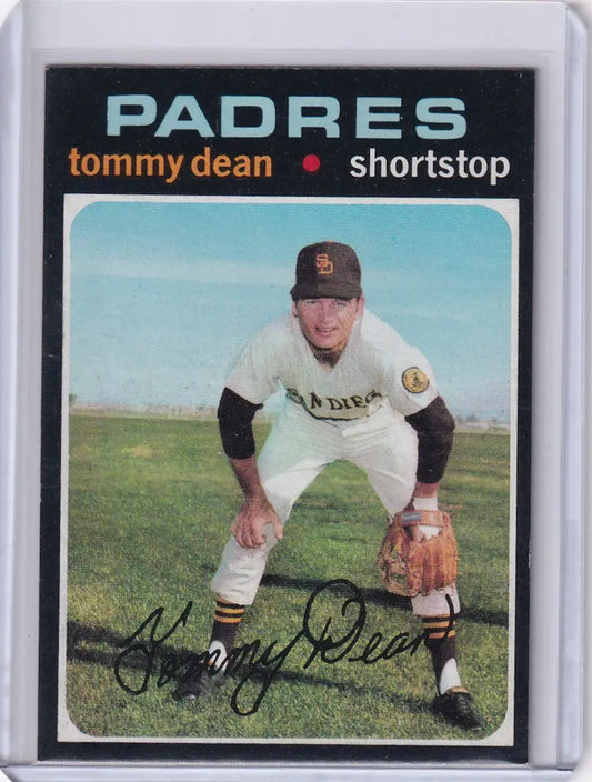 Baseball card of Tommy Dean in fielding stance for San Diego Padres by Topps Baseball