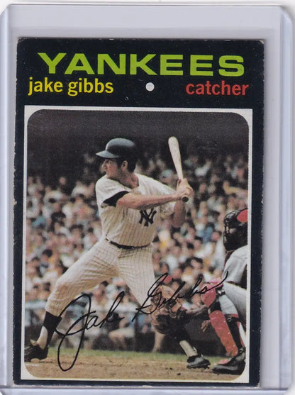 1971 Topps Baseball card of Jake Gibbs swinging, New York Yankees catcher