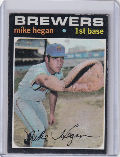 Baseball card of Mike Hegan in batting stance for Topps Baseball Milwaukee Brewers