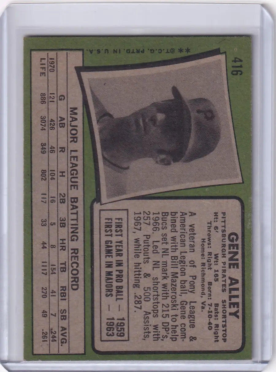 Topps Baseball card of Gene Alley, Pittsburgh Pirates player in black and white