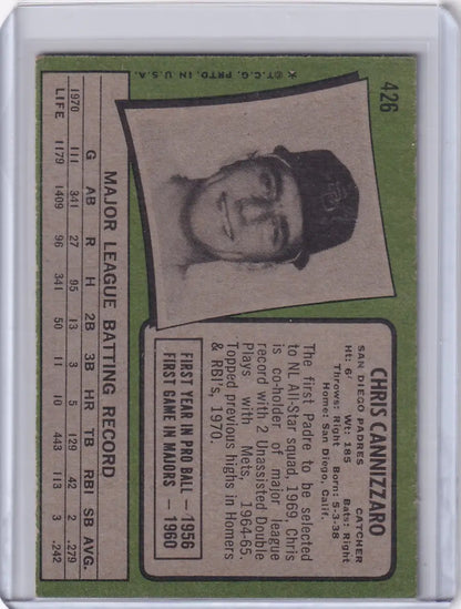 Vintage Topps Baseball card of Chris Cannizzaro with San Diego Padres portrait