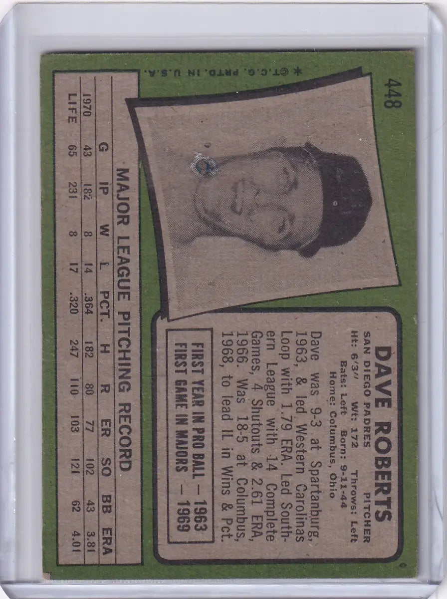 1971 Topps Baseball card of Dave Roberts with statistics for San Diego Padres