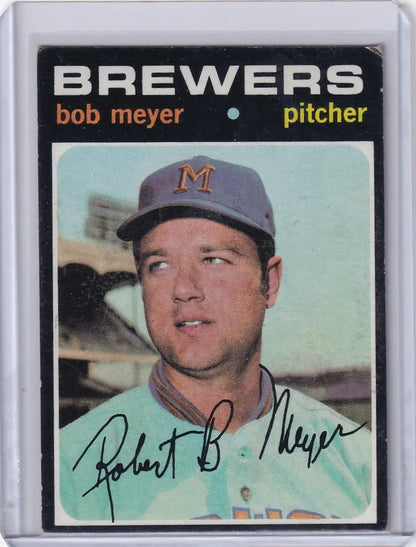 1971 Topps Baseball card of Bob Meyer, Milwaukee Brewers pitcher from the 1970s era