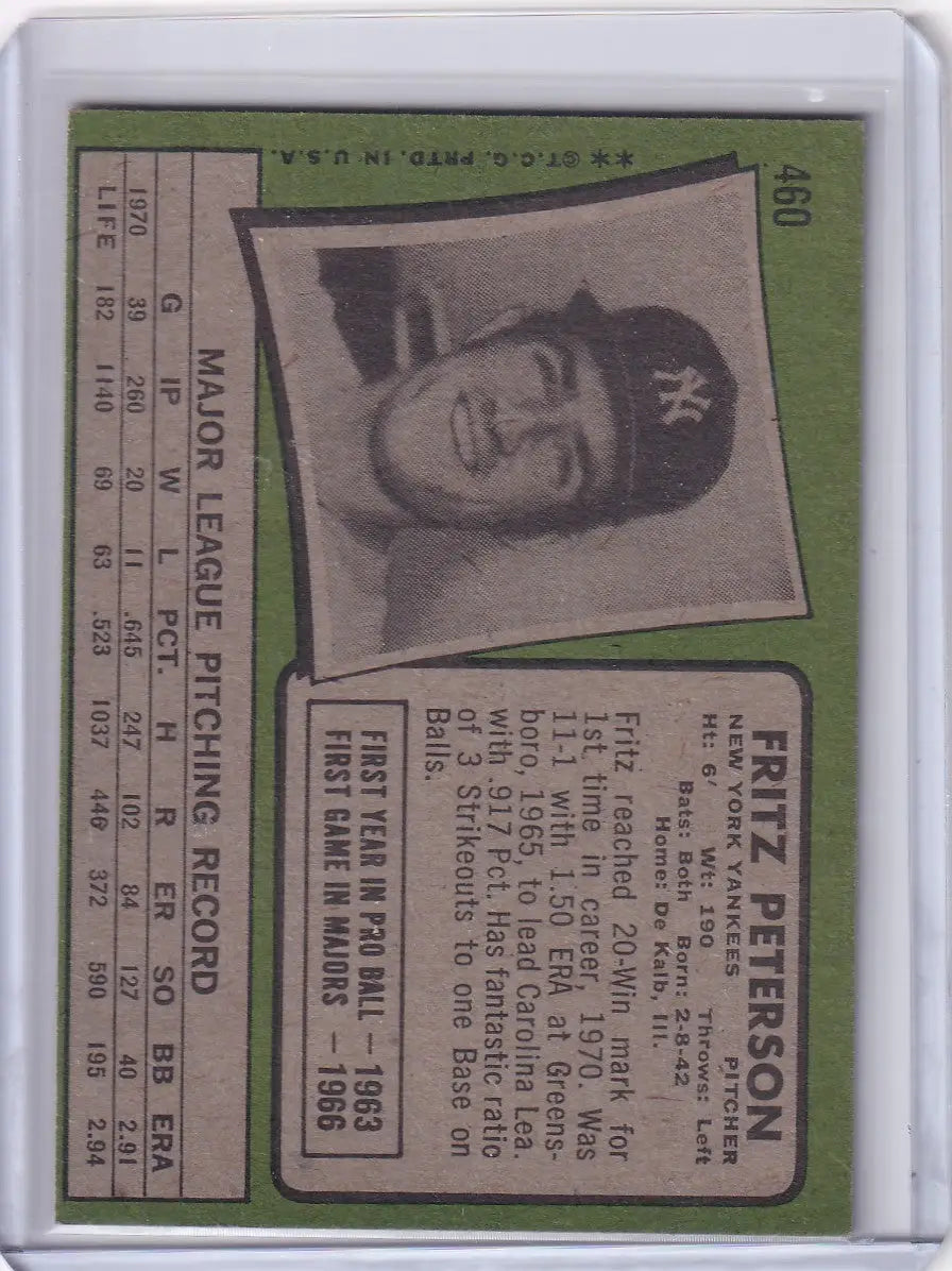 1971 Topps Baseball #460 card of Fritz Peterson from the New York Yankees