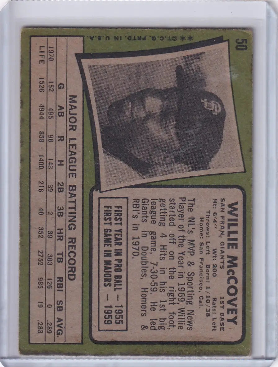 Vintage 1971 Topps Baseball card featuring Willie McCovey of the San Francisco Giants