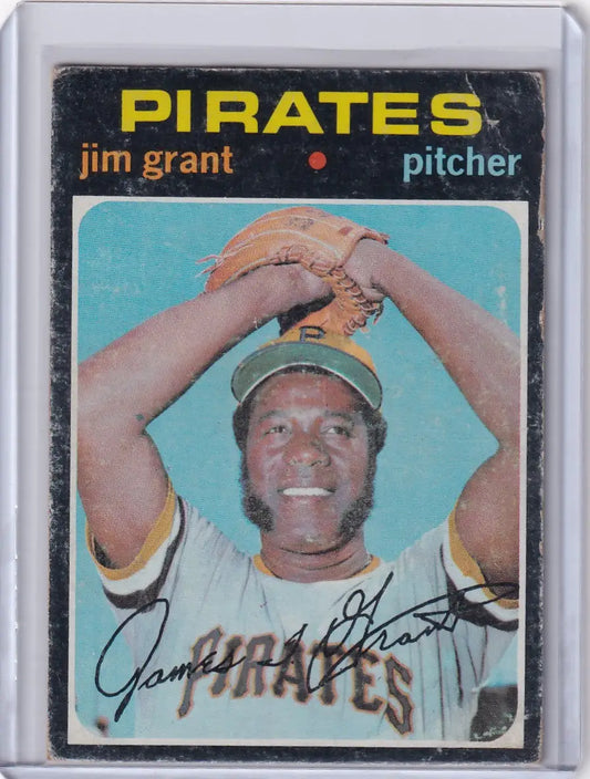 Baseball card of Mudcat Grant in windup pose for Topps Baseball and Pittsburgh Pirates