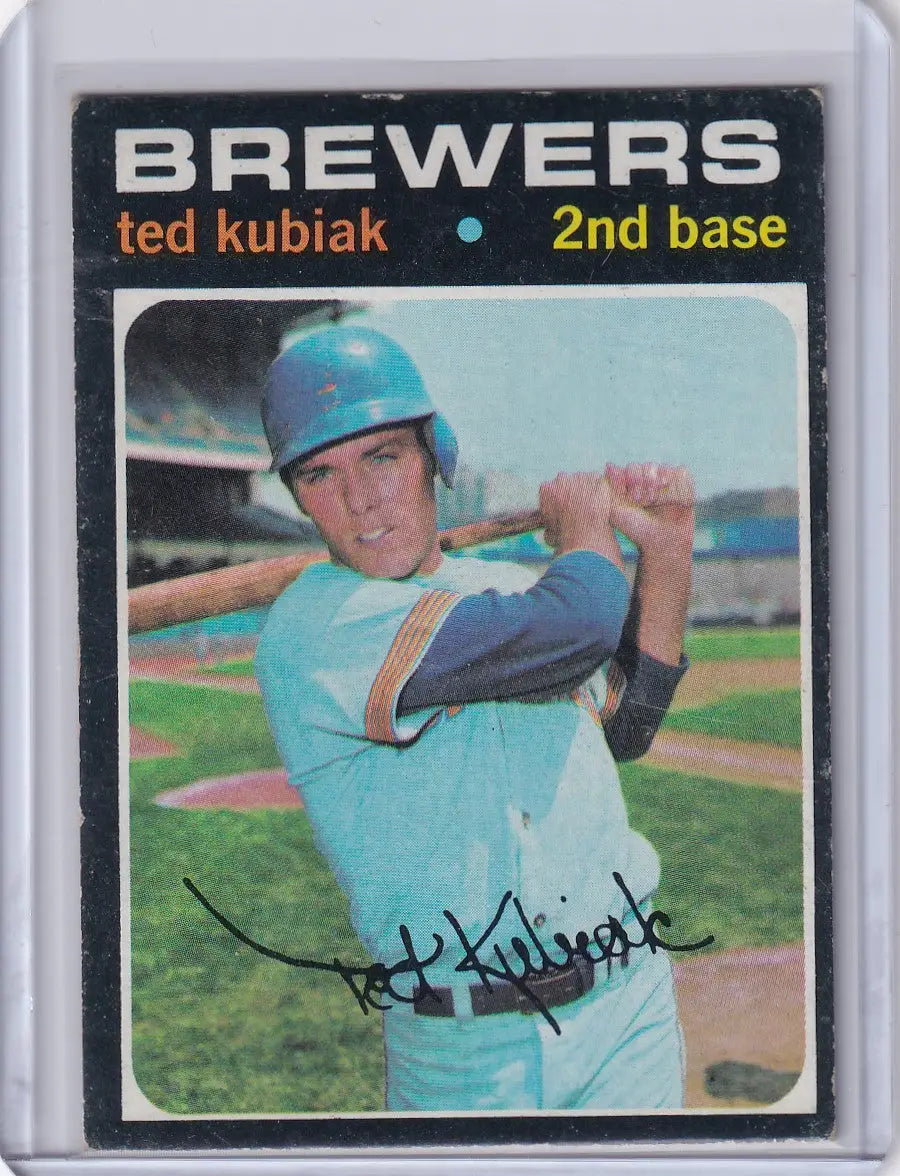 Baseball card of Ted Kubiak in batting stance for Topps Baseball and Milwaukee Brewers