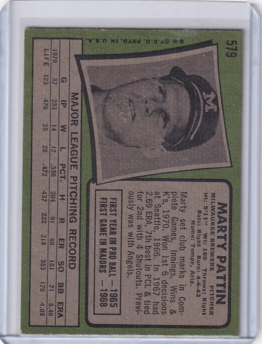 Vintage Topps Baseball card featuring Marty Pattin of the Milwaukee Brewers