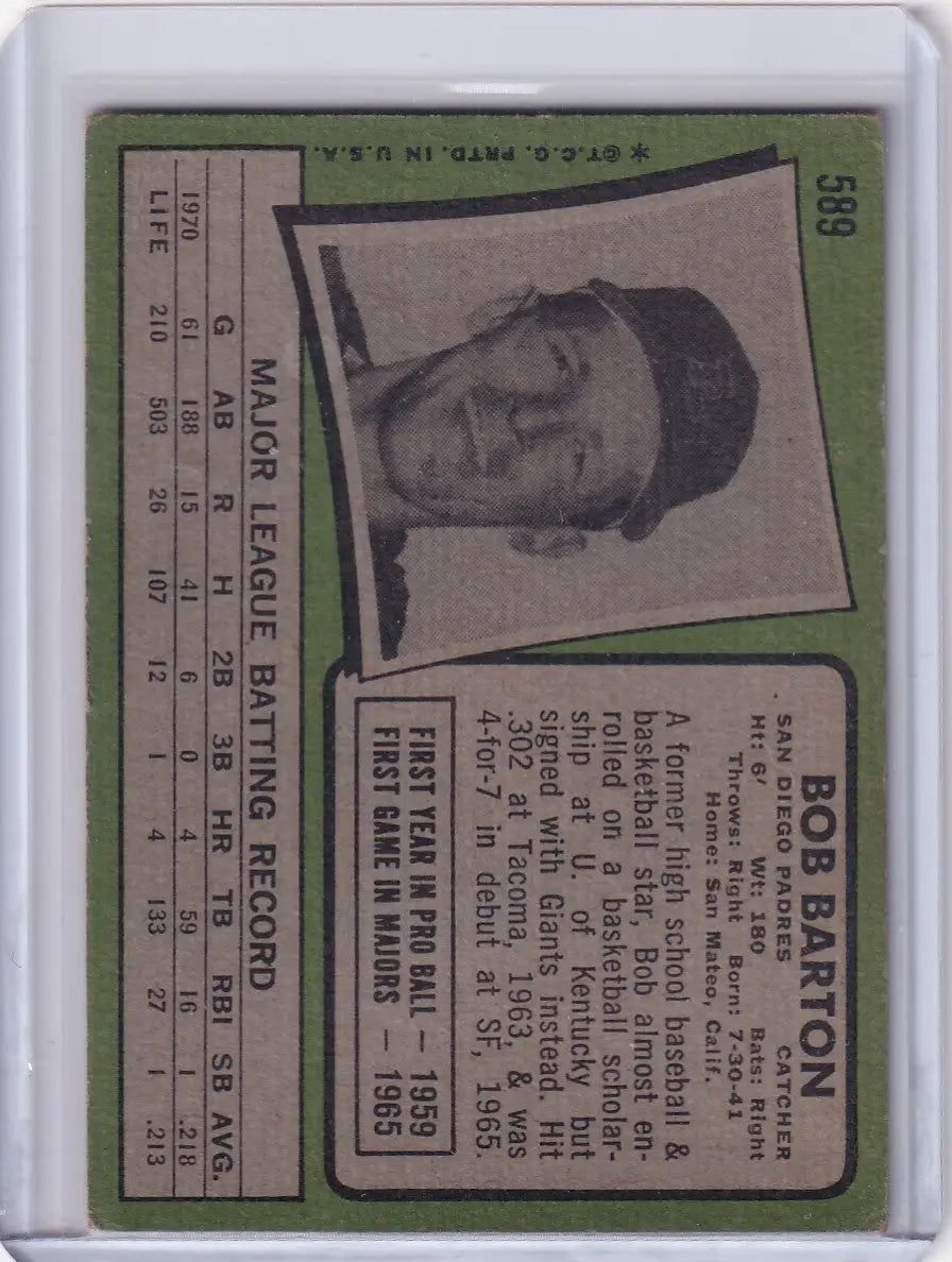 Baseball card of Bob Barton from the San Diego Padres - 1971 Topps Baseball #589