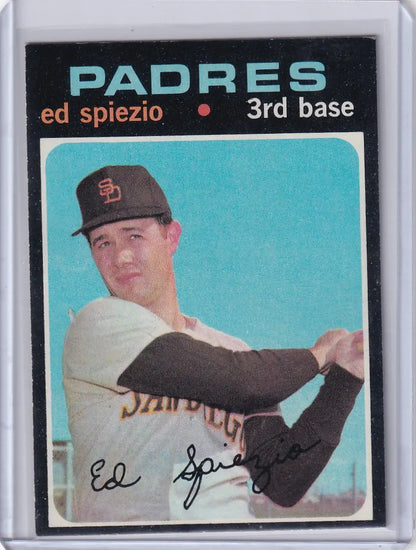 Baseball card of Ed Spiezio in a batting pose for San Diego Padres Topps Baseball