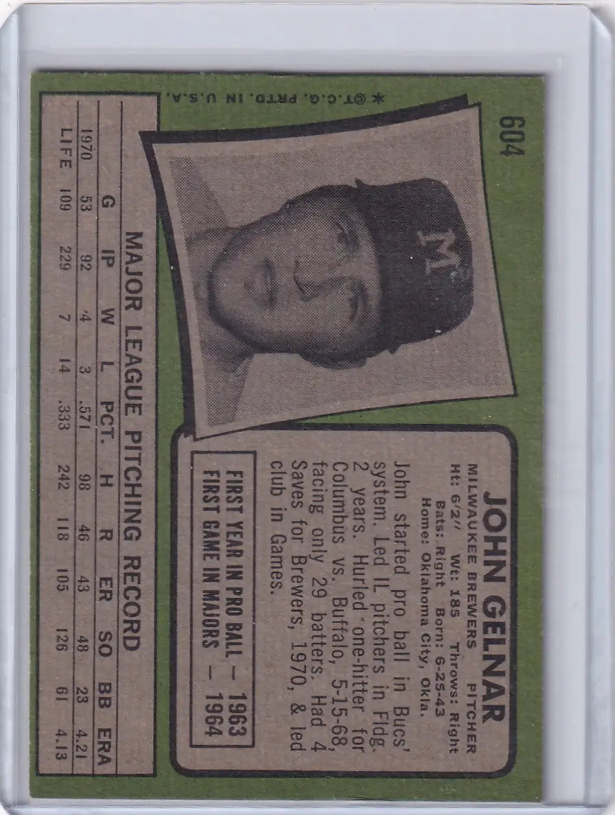 Vintage 1971 Topps Baseball card featuring John Gelnar of the Milwaukee Brewers