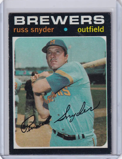 Vintage Topps Baseball card of Russ Snyder in Milwaukee Brewers teal uniform