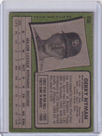 Baseball card of Gerry Nyman from the San Diego Padres, 1971 Topps Baseball #656