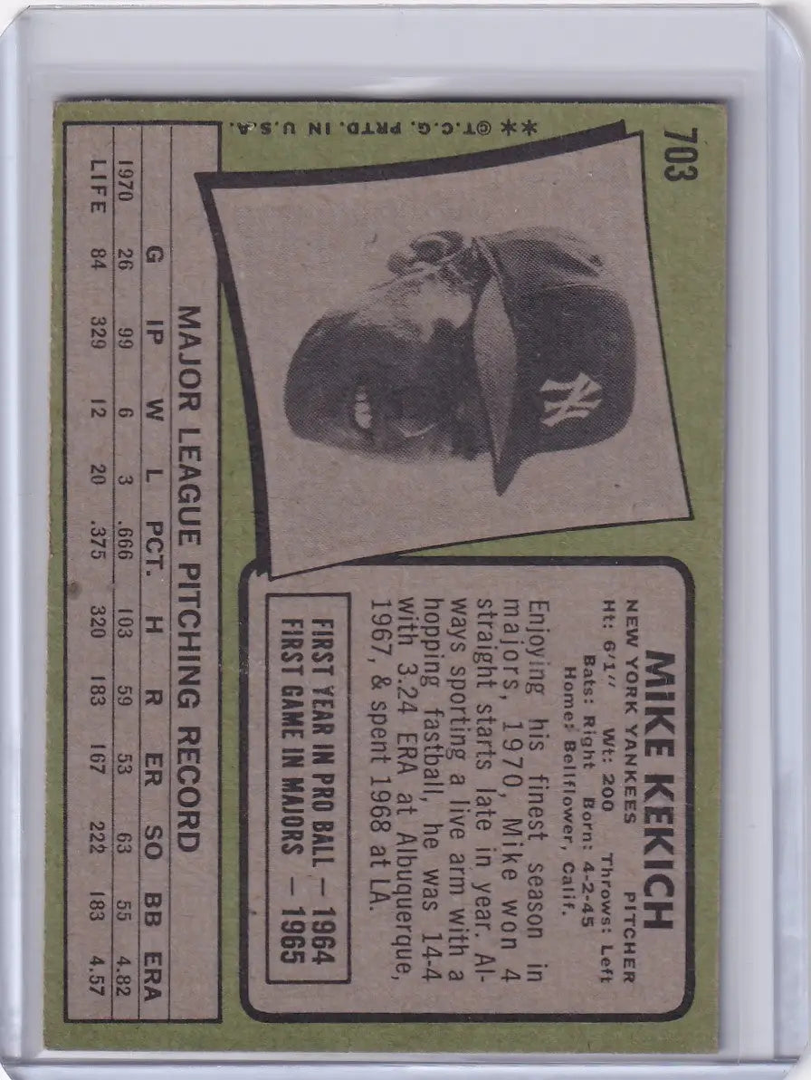 Baseball card of Mike Kekich from 1971 Topps Baseball, New York Yankees portrait