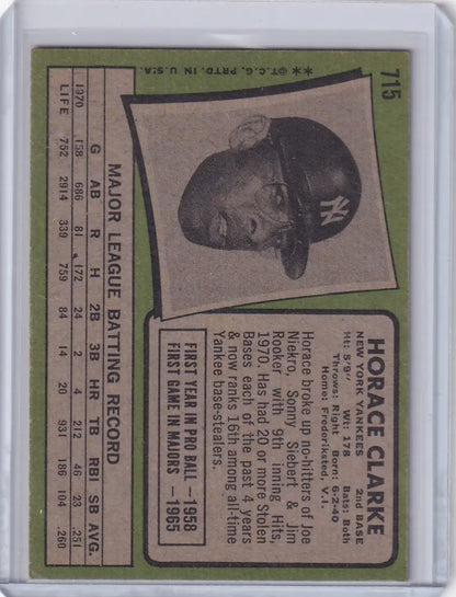 Vintage 1971 Topps Baseball card of Horace Clarke, New York Yankees with green border