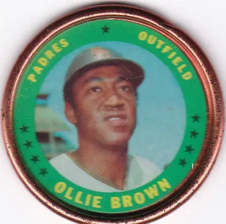 Circular Topps Coins trading card of Ollie Brown in green and bronze design