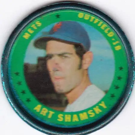 Circular Art Shamsky Topps Coin portrait pin with a green border for Mets fans