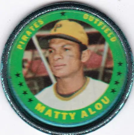 Circular Topps Coin featuring Matty Alou of the Pittsburgh Pirates trading cards