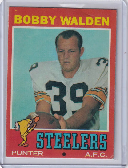 Vintage Topps Football card of Bobby Walden in Pittsburgh Steelers jersey number 39