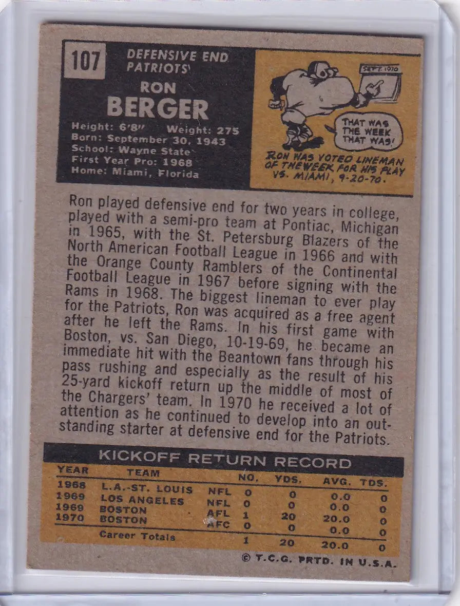 Vintage Topps Football card of Ron Berger, New England Patriots player illustration