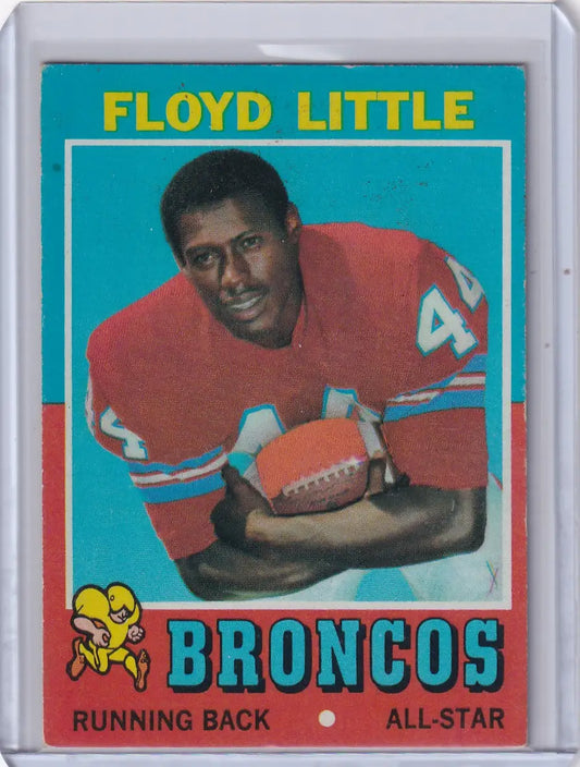 Topps Football trading card of Floyd Little, Denver Broncos running back in red jersey