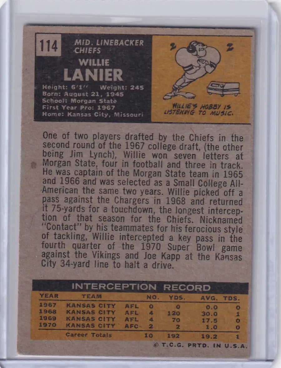 1971 Topps Football card of Willie Lanier with stats for Kansas City Chiefs rookie