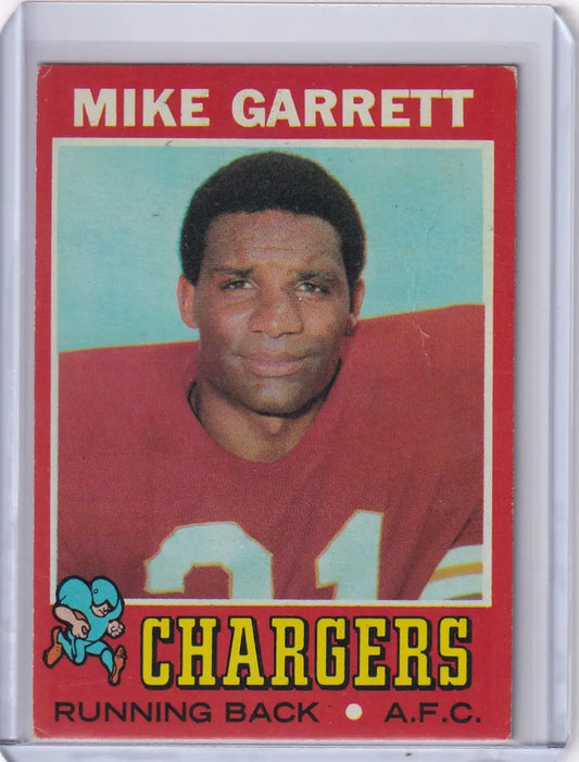 Vintage 1971 Topps Football card of Mike Garrett in red San Diego Chargers jersey