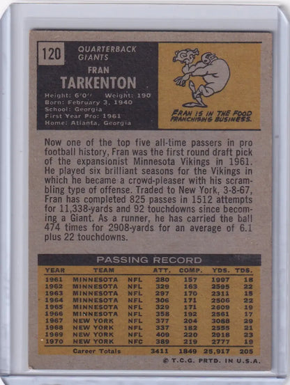 1971 Topps Football card of Fran Tarkenton, New York Giants quarterback with stats