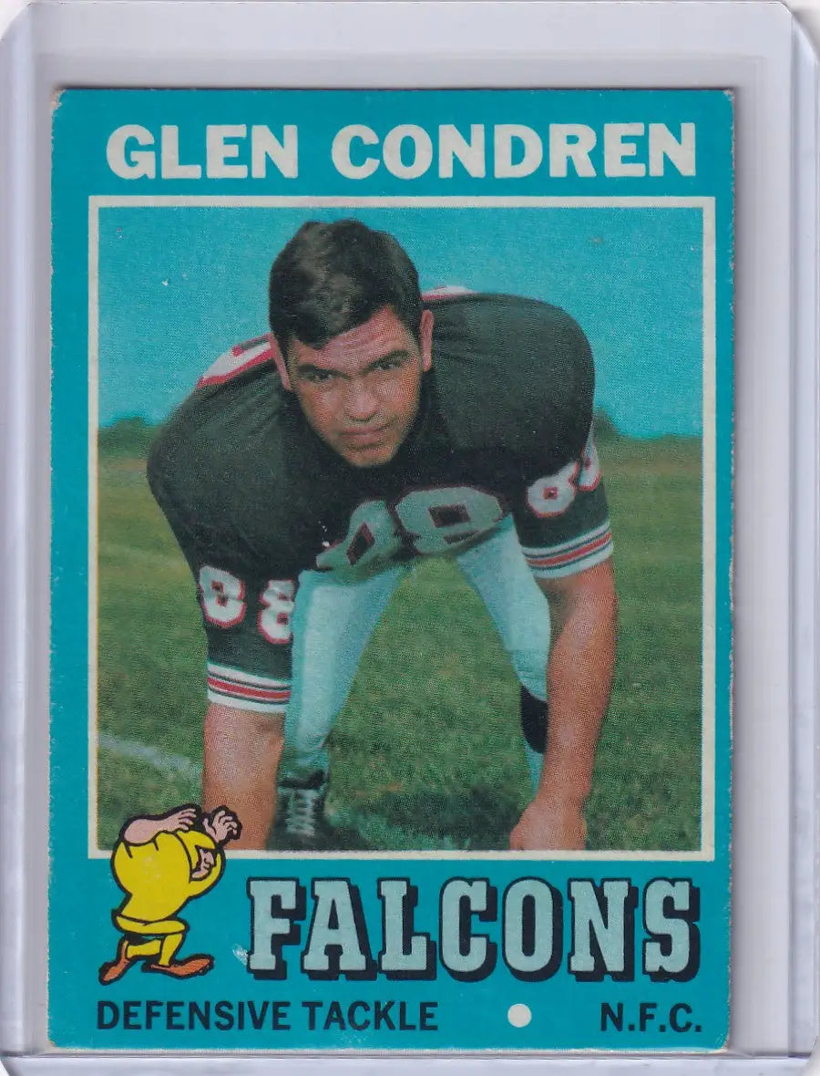 Vintage Topps Football card of Glen Condren in a three-point stance for Atlanta Falcons