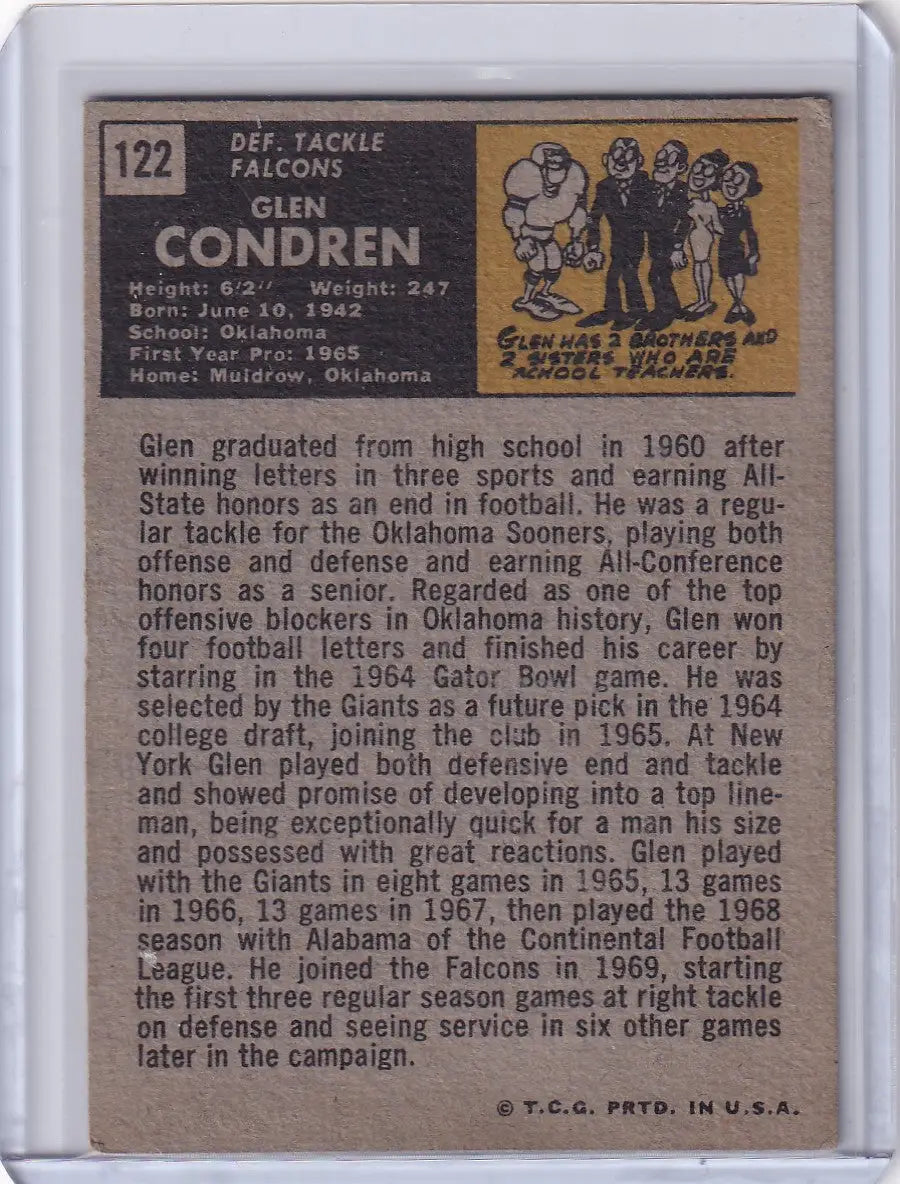 Vintage Topps Football trading card of Glen Condren from the Atlanta Falcons RC