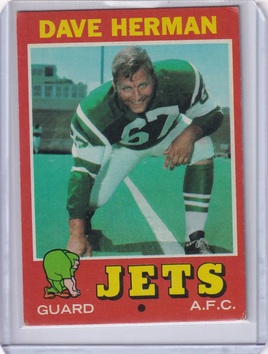 Football trading card of Dave Herman in a crouched stance, Topps Football, New York Jets