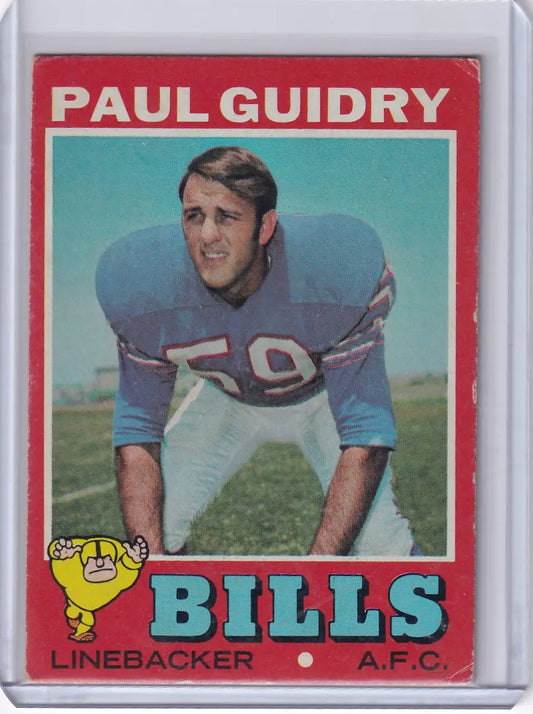 Vintage Topps Football card of Paul Guidry in Buffalo Bills light blue jersey