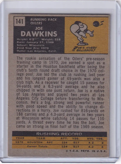 Topps Football trading card of Joe Dawkins, Houston Oilers RC from 1971