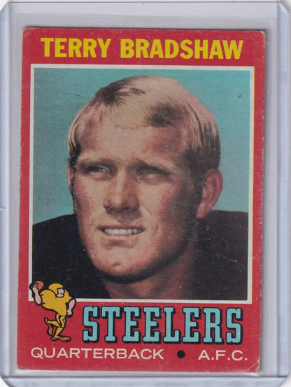 Vintage Topps Football card of Terry Bradshaw, Pittsburgh Steelers quarterback RC